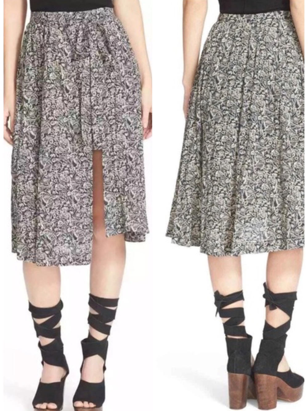 Free People Love Train Wrap Midi Asymmetric Skirt in Black Floral Combo 2 EUC